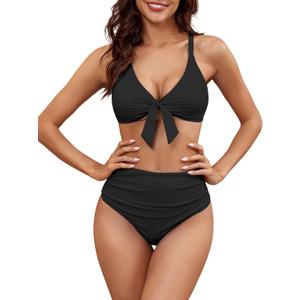 ZAFUL High Waisted Bikini Sets for Women Tummy Control Swimsuits Tie Knot High Rise 2025 Two Piece Bathing Suits (Medium, Black)