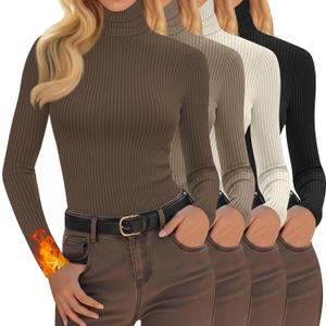 4 Pack Women's Turtleneck Tops Ribbed Long Sleeve Thermal Shirts Cotton Slim Fitted Base Layer Thermal Underwear (Medium, Black, Cream, Khaki, Brown)