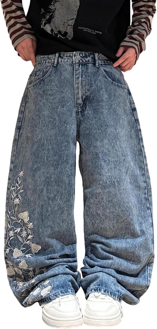 Men's Baggy Jeans Blossom Embroidery Pattern Wide Leg Y2K Jeans Mid Rise Denim Pants Streetwear (Blue, M)