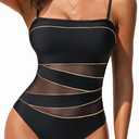 Holipick Women Strapless Bandeau One Piece Swimsuits Sexy Mesh Cutout Bathing Suits Tummy Control Swimwear (Large, Black With Gold)