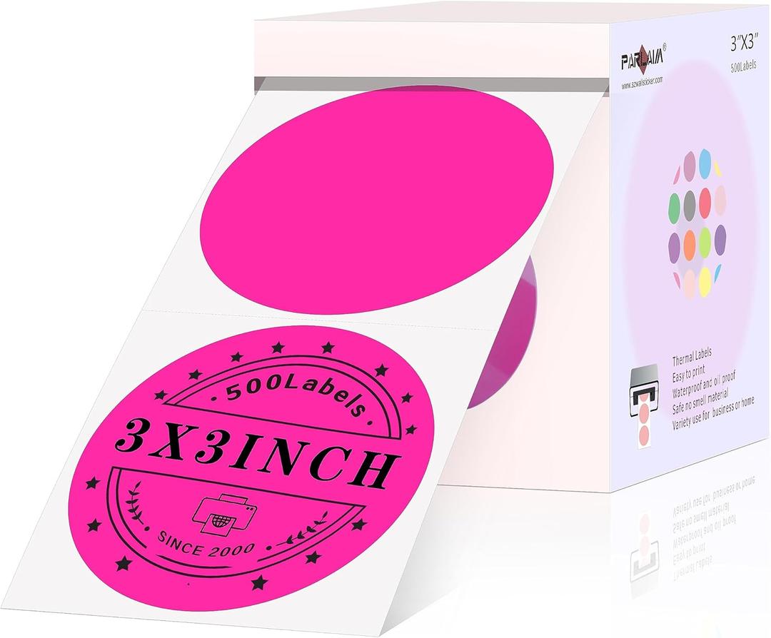 PARLAIM Round Thermal Labels 3 Inch Fluorescent Pink, 500PCS Circle Direct Thermal Printer Sticker for Home Business Bottle DIY Design, QR Code, Name Tag, Moving Box Address Label