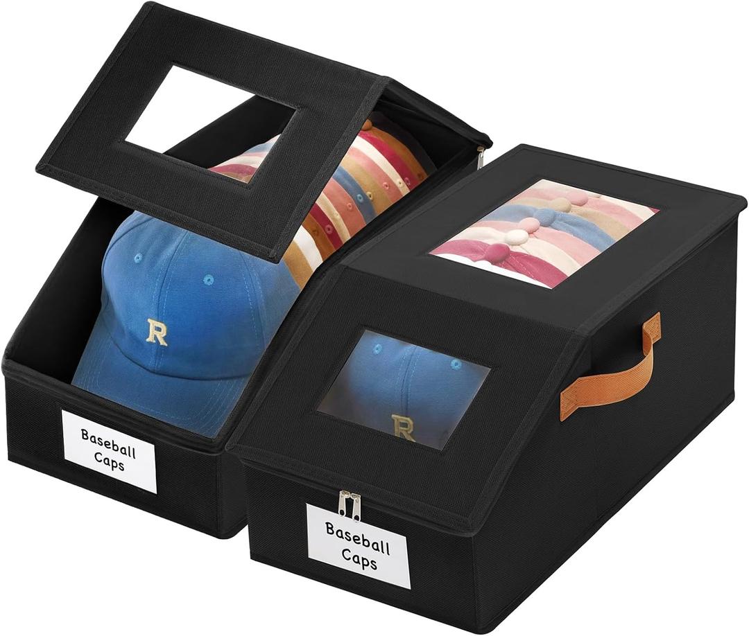 2 Pcs Extra Large Hat Organizer & Storage Box for Baseball Cap with Dual Clear Windows Dust-Proof Double Zipper, Stackable Design & Sturdy Handles for Closet, Black