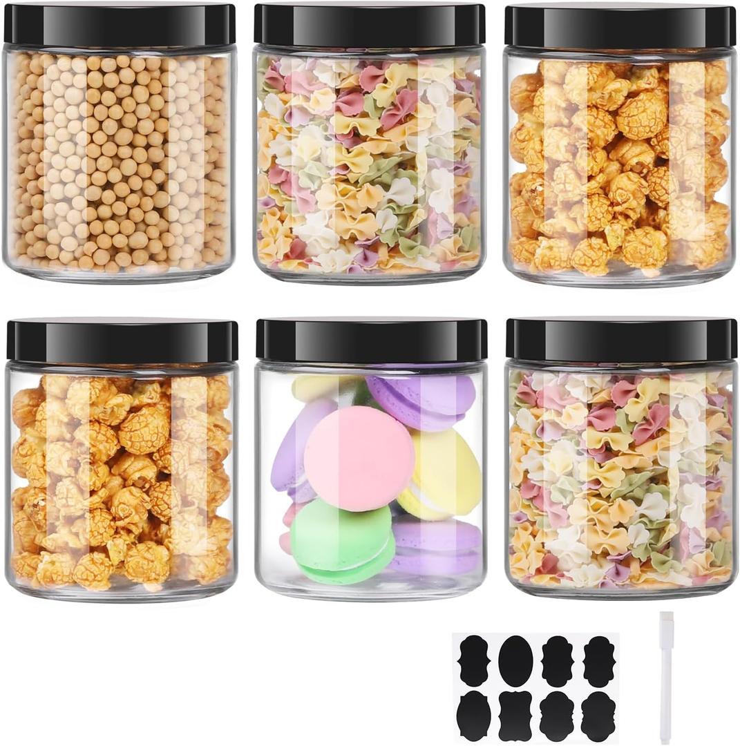6 Pack 24 oz Glass Jars With Plastic Lids, Glass Kitchen Canisters Cabinet, Pantry Organization, Food Storage Jars for Flour, Sugar, Coffee, Candy, Snacks, 8 Chalk Labels, 1 Pen