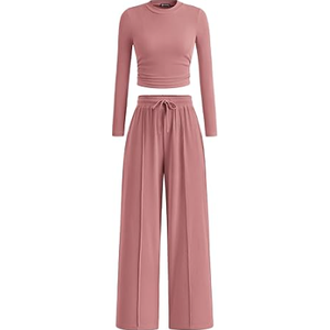 PRETTYGARDEN Women's 2 Piece Sets 2026 Fall Long Sleeve Crop Tops Wide Leg Pants Matching Outfit Tracksuits Spring Clothes (Medium, Red)