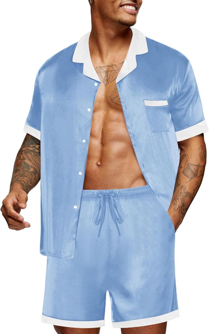 Ekouaer Men Satin Silk Pajamas Set with Pockets Sleepwear Shorts Satin Summer Loungewear 2 Piece Button Down Set 2XL