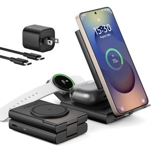 SURITCH for Samsung 3-in-1 Wireless Charging Station, 15W Ultra-Compact Chargers Foldable Charging Dock Stand for Galaxy S25 S24 S23 S22 S21 Z Fold/Z Flip, Galaxy Watch 8/7/6/5/4/3, Galaxy Buds, Black