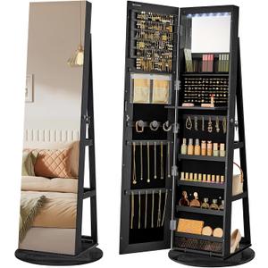 SONGMICS 6 LEDs Mirror Jewelry Cabinet Organizer, 360° Swivel, Lockable
Frameless Full-Length Mirror with Storage, Jewelry Armoire, 3 Storage Shelves, Black Surface, Black Lining UJJC007B01