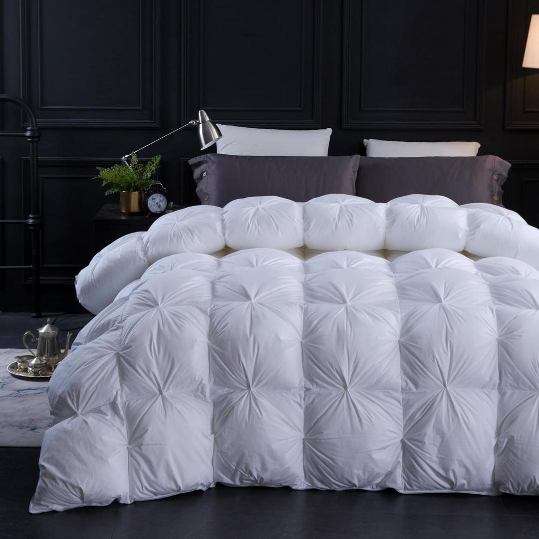 Three Geese Pinch Pleat Waterfowl Feathers and Down Comforter Cal King Size Duvet Insert,750+ Fill Power,1200TC 100% Cotton, Premium All Seasons White Warm Hotel Comforter with 8 Tabs., Cal King: 108x98inches