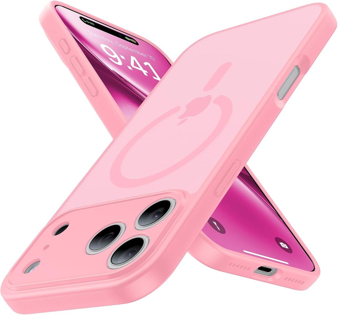 2 x Magnetic Shockproof for iPhone 17 Pro Max Case,Upgrade[Camera Protection][Compatible with Magsafe][Non-Slip][Mil-Grade Protection] Slim Translucent Matte Phone Case for iPhone 17 Pro Max,Pink