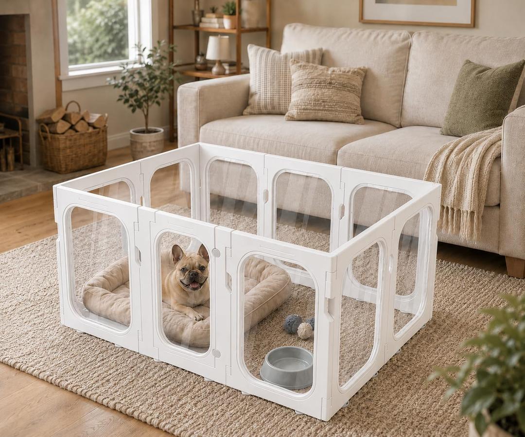Acrylic Dog Playpen, 8-Panel Clear Transparent Puppy Playpen for Small Dogs Indoor Outdoor, Easy Assembly Foldable Pet Exercise Pen with Locking Door (White, 25.6 INCH, 10 Panels)