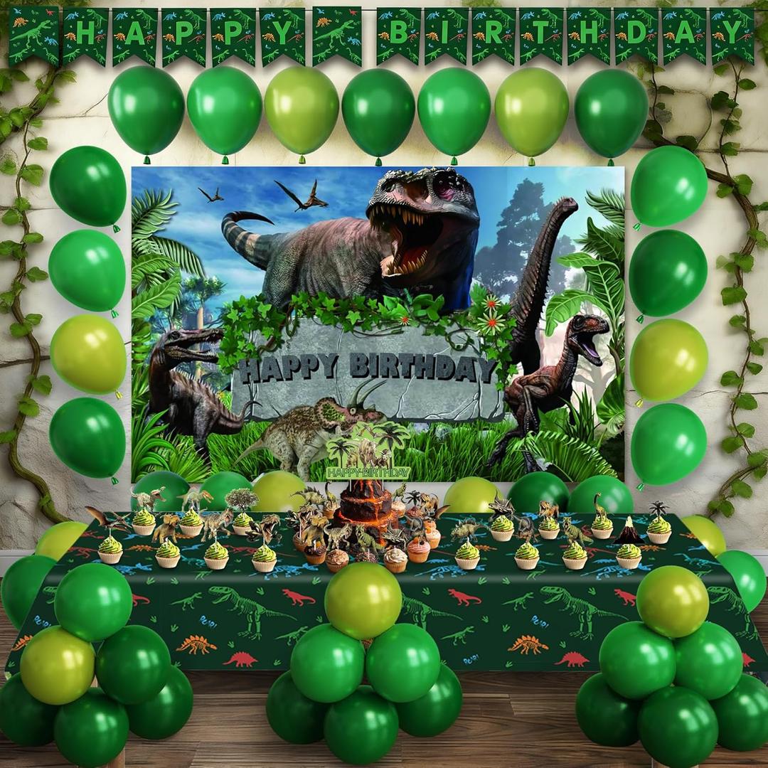 Dinosaur Birthday Party Decorations for Boys - Complete Kids Dino Party Supplies with Backdrop, Tablecloth, Birthday Banner, Cake Toppers, Balloons Kit & Tattoo Stickers