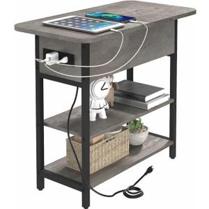 Yoobure End Table with Charging Station, Flip Top Side Table with USB Ports and Outlets, Sofa Couch Table Bedside Table for Living Room Bedroom, Narrow Nightstand with Storage Shelves for Small Space (Charcoal Gray), 𝟐𝟑.𝟔"𝐋 𝐱 𝟏𝟏.𝟖"𝐖 𝐱 𝟐𝟑.𝟖"𝐇
