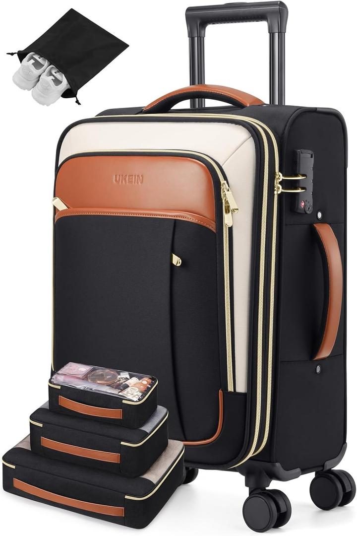 Softside Expandable Carry On Luggage, 20in Carry on Suitcase with Wheels | 22x14x9 Airline Approved Luggage with TSA Lock/Front-Access 15.6in Device Compartment/4 Packing Bags For Travel Business Trip