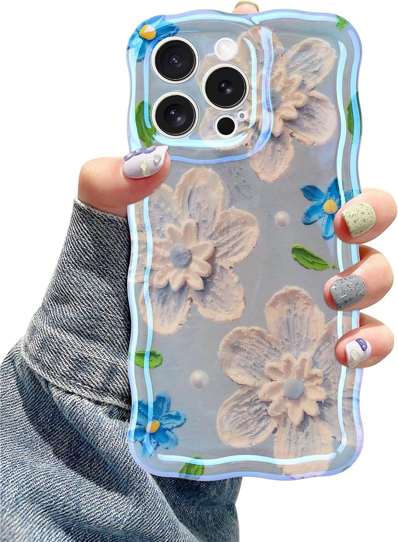 Jusy Compatible with iPhone 11 Pro Max, Colorful Retro Oil Painting Printed Flower Laser Glossy Pattern Cute Curly Wave Phone Case Soft TPU Cover for Girly Women - Blue Flower