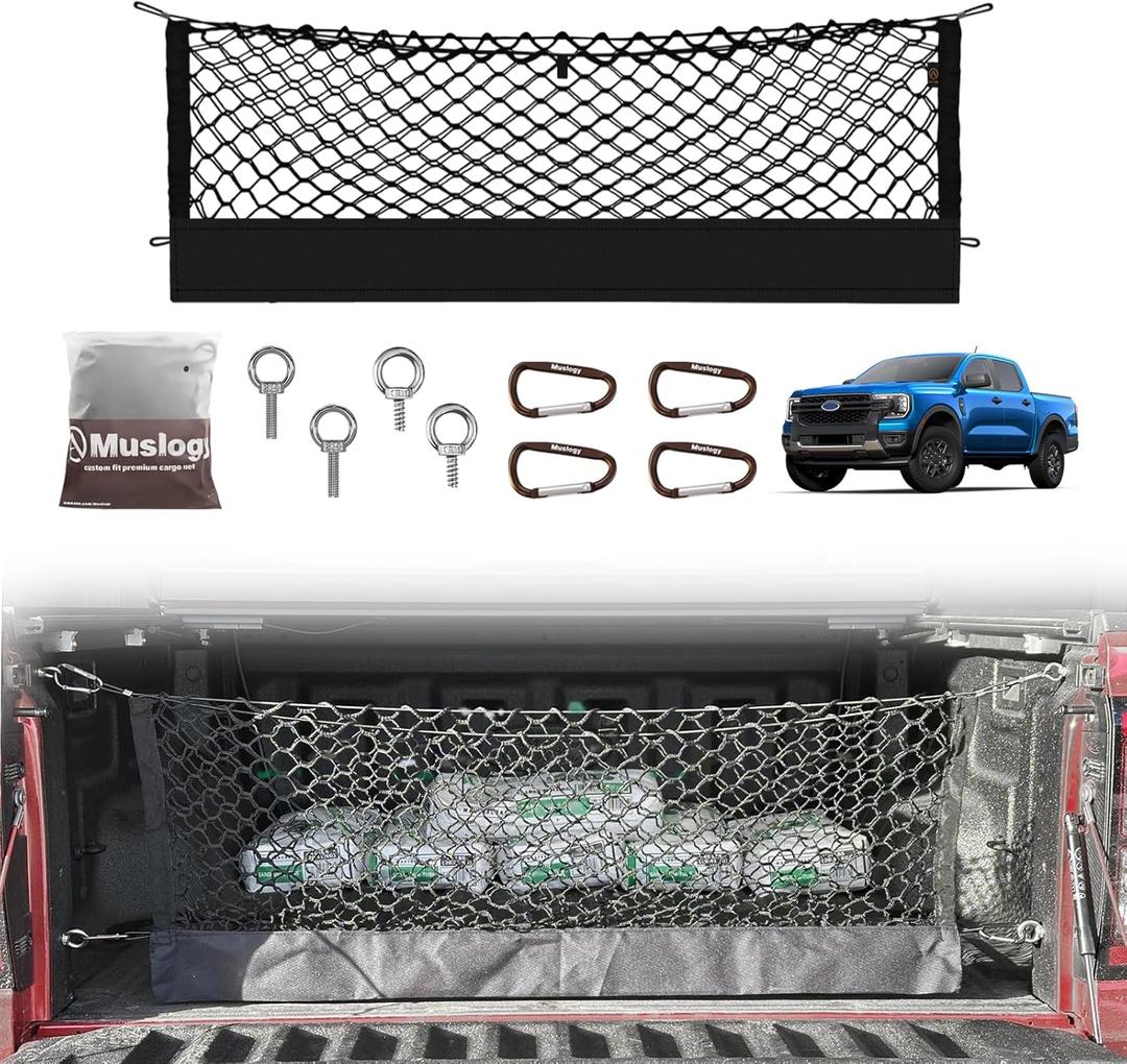 Muslogy Truck Bed Cargo Net Trunk Netting Compatible with Ford Ranger 2024 2025 2026 Accessories, Pickup Cargo Organizer SUV Sedan Storage Net w/Heavy Duty Carabiners