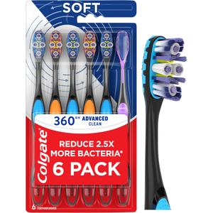 Colgate 360 Advanced Clean Adult Soft Toothbrush Pack, 6 Soft Bristled Toothbrushes with Cheek and Tongue Cleaner, Helps Clean Your Teeth, Tongue, Cheeks, and Gums, 6 Pack