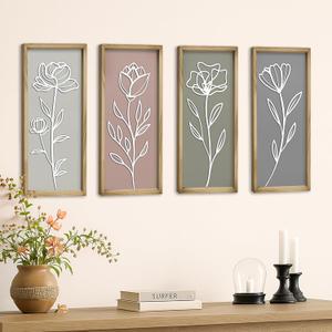 Product Elevations 3D Wooden Boho Wall Decor Set of 4  Neutral Wall Art for Living Room  Farmhouse Shabby Chic Framed 3D Art  Minimalist Botanical Home Decorations & Bedroom Decor  Luxury Home Gift