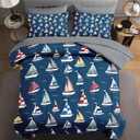 5 Pcs Twin Size Comforter Set with Pillowcase & Sham, Nautical Sea Ocean Bedding for Kids and Adults, Blue Boat Sailboat Bed in a Bag with Flat Fitted Sheet