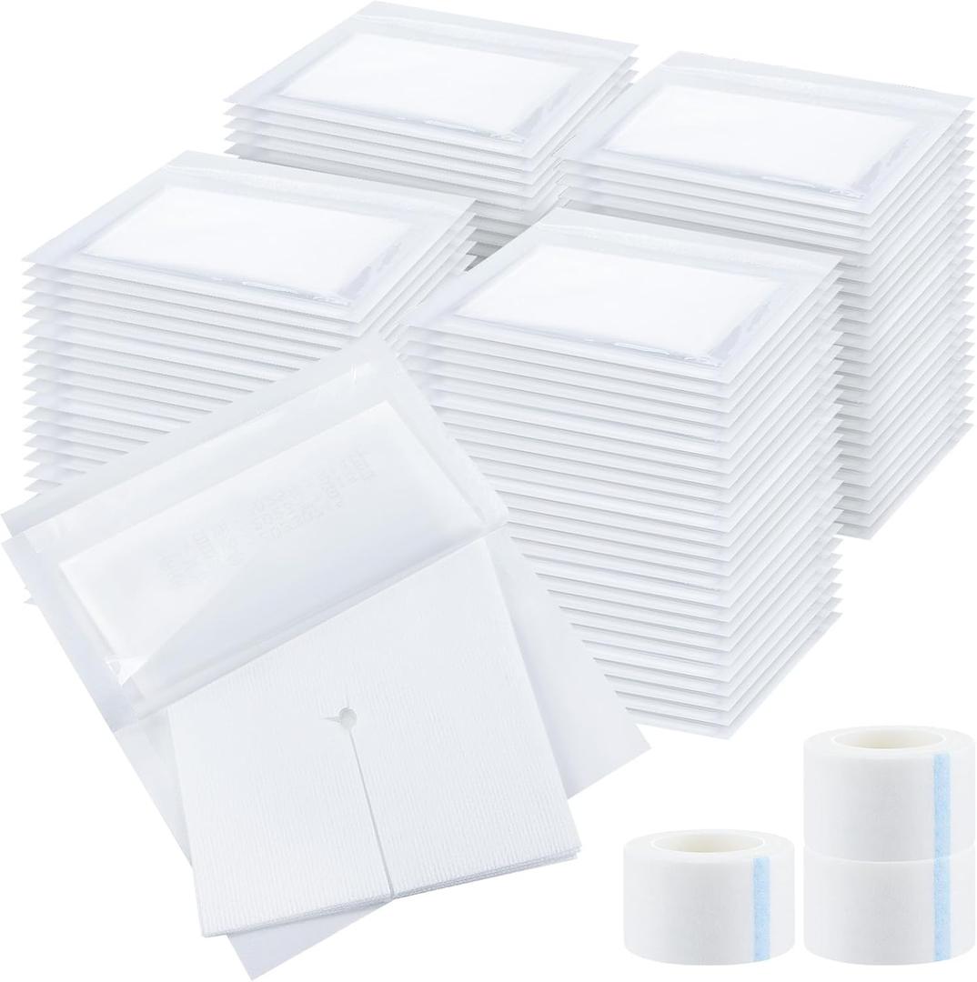 Timgle 200 Pcs 4" x 4" Split Gauze Pads 6 Ply Split Drain Sponge Gauze Non Woven Slit Bandage Sponges with 2 Roll of Tape for Wound Care Tubes Drains Supplies