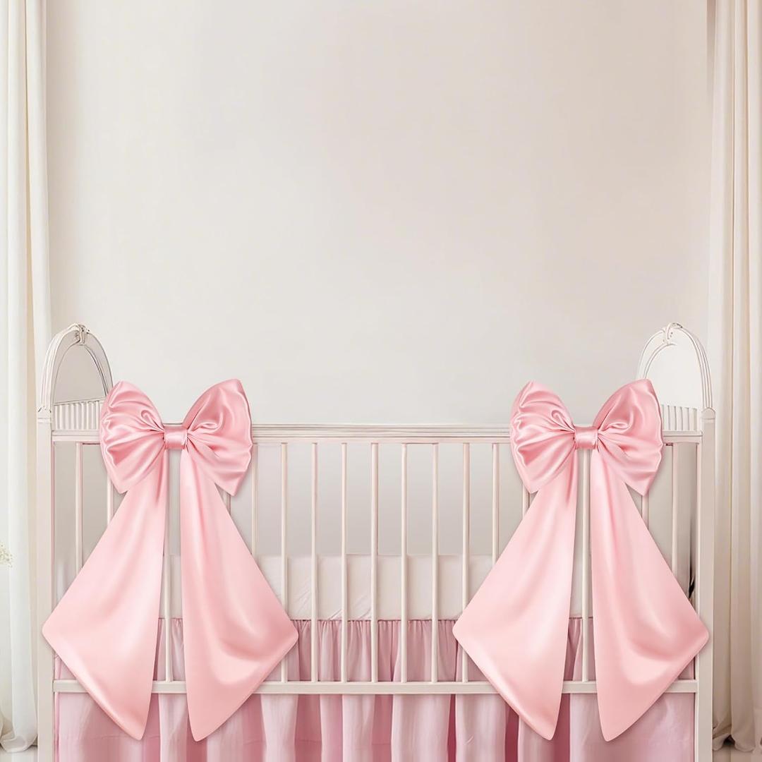 2 Pcs Large Pink Bows for Decoration 12" x 24" Pink Crib Bows Ribbon Coquette Double Layer Satin Silk Baby Crib Bedding for Nursery Baby Shower Curtain Tie Backs Bachelorette Wedding Decor