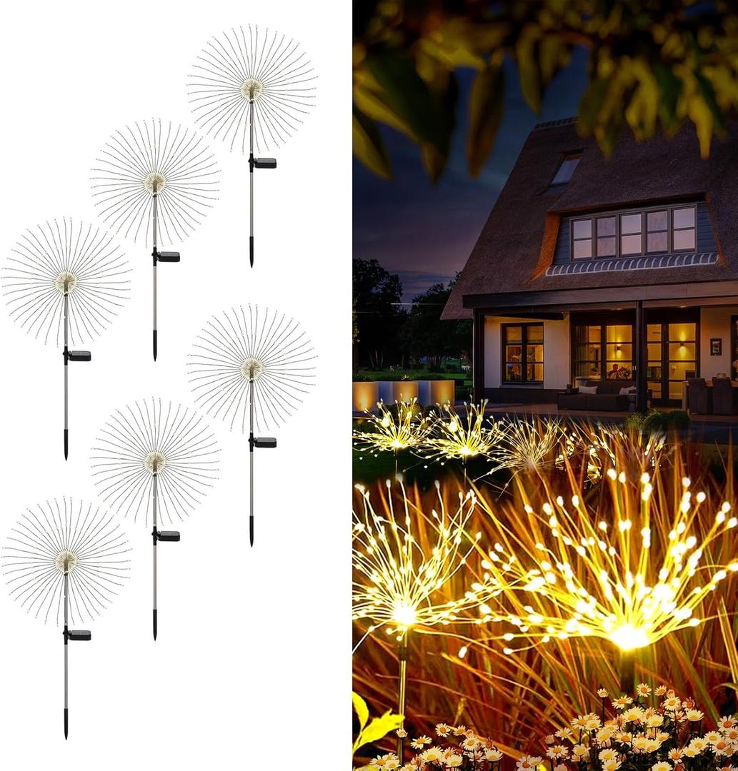 Solar Fireworks Lights for Outside, 150LED 8 Modes Fireworks Solar Lights Outdoor, Fairy Garden Flowers for Yard Pathway Wedding Party Christmas Diwali Garden Decor 6Pack (Warm White)