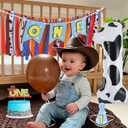Cartoon Toy Highchair Banner for Baby First Birthday Party Decorations Blue Sky With Clouds High Chair Tassel Banner for Boys Girls Western Cowboy 1st Birthday Photo Props Backdrop Decoration