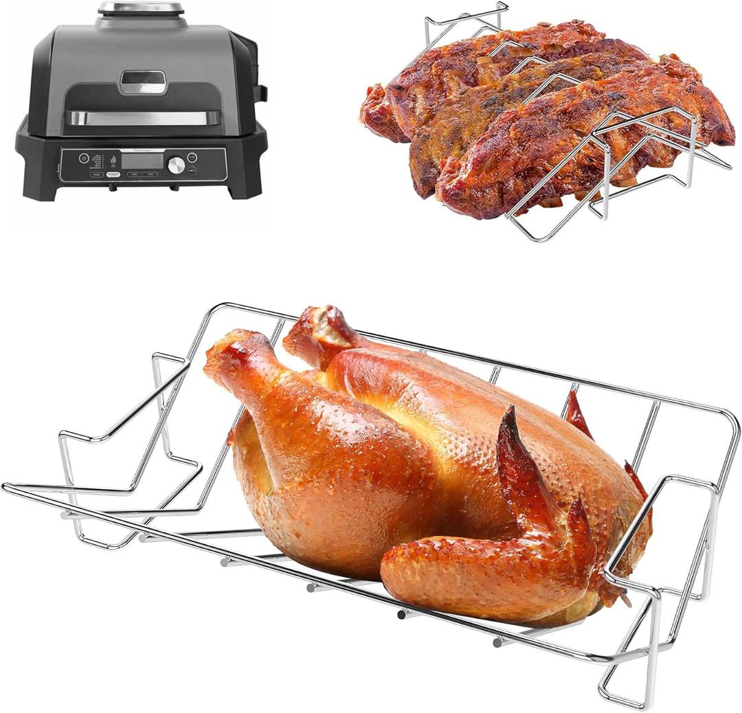 KEESHA Roasting Rib Rack for Ninja Smoker OG900 OG800 Series, 2-in-1 304 Stainless Steel Universal Turkey Rack for Grills, Smokers & Ovens - Compatible with Weber, Charbroil, Traeger and More
