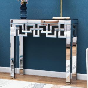 Silver Console Table with Mirrored Finished, Modern Glass Entryway Table Geometric Design, 32 inches Wide Decorative Small Console Table for Small Space, 31.5''L