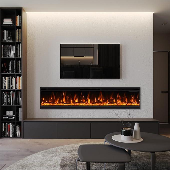 60 inch Electric Fireplace, 4.3" Ultra-Thin Electric Fireplace Inserts, Ultra-Narrow Frame, Wall Mounted and Recessed Fireplace, Log & Crystal, Touch Screen & Remote Control, 1500W