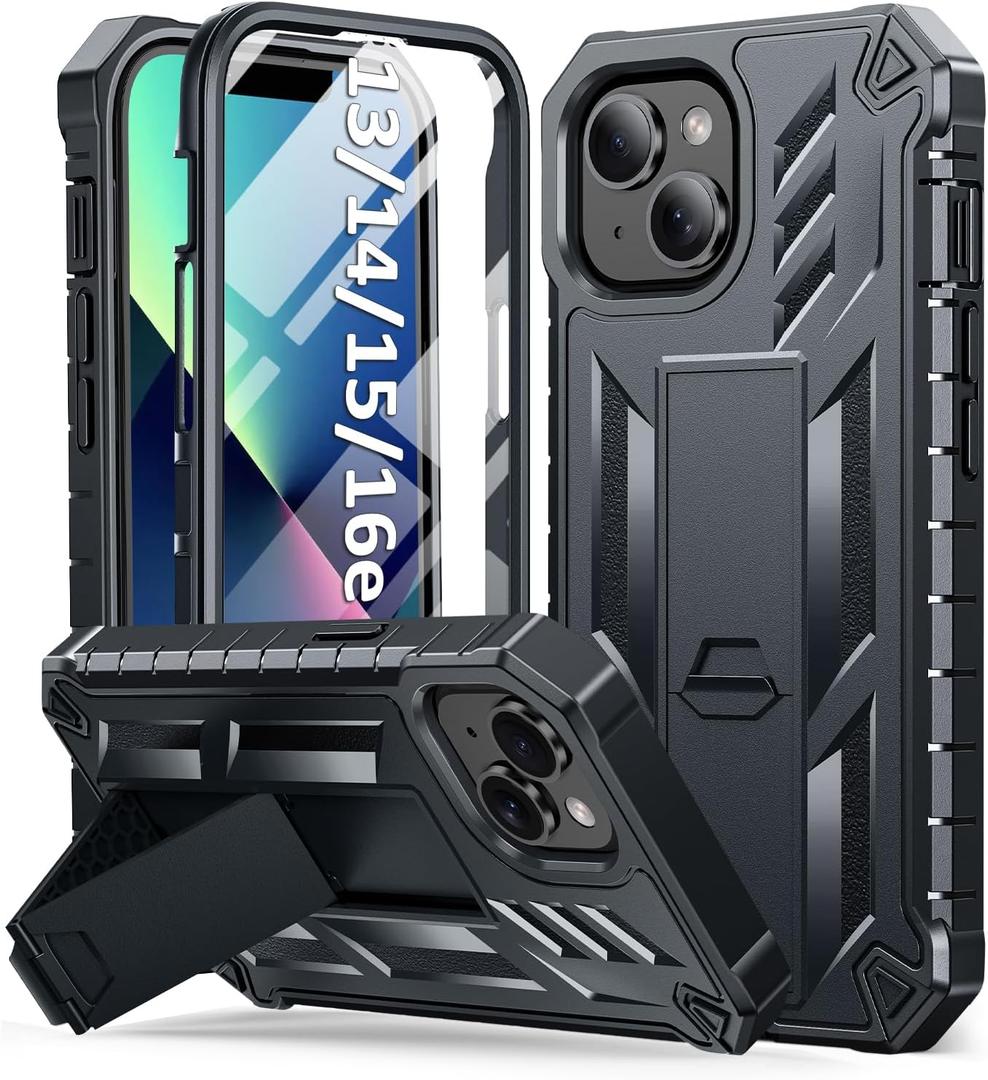 SOiOS for iPhone 13/14/15 Phone Case: for iPhone 16e Protective Cover with Built-in Kickstand | Heavy Duty Military Grade Hard Protection Shock Proof | Durable Dual-Layer Design Black
