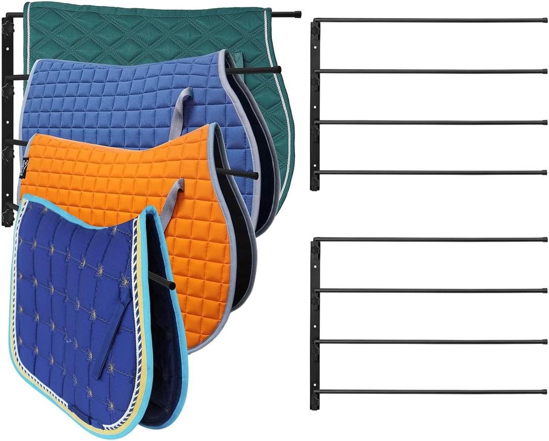 2 Pack Saddle Pad Rack 4 Bar Wall Mount, Horse Blanket Holder 180 Degree Swing Rack Arms Saddle Rack Wall Mount for English Saddle Pad Storage Various Accessories