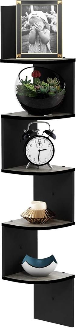 Furinno Rossi Wall Mount Floating Corner Shelf, 5-Tier Radial, French Oak Grey/Black