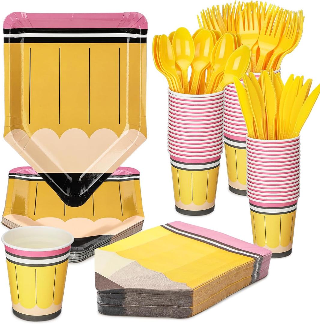 168 Pcs Back to School Decoration, Pencil Paper Plates Napkins and Cups First Day of School Party Supplies Disposable Dinnerware Set for 24 Students Teacher Back Classroom Decoration