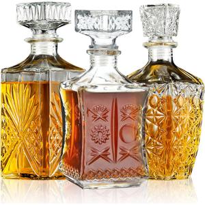 Whiskey Decanter Set for Men of 3PCS Liquor Bottles, Whiskey Bottles for Bourbon, Tequila, Brandy and Vodka, Elegant Crafted Glass Wine Decanter with 3 Unique Styles with Intricate Patterns