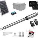 JUJIANG C01 Solar Gate Opener with Batteries & Solar Panel for Single Swing Gates Up to 440lb 12FT Automatic Gate Openers with Remote Complete Kit Light Duty Automatic Gate Openers Solar Powered