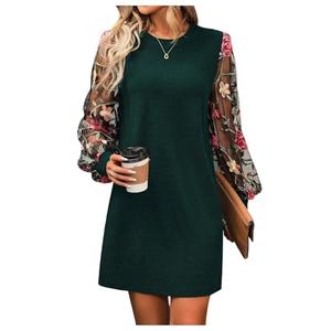 MakeMeChic Women's Summer Long Sleeve Floral Sheer Dress Wedding Guest Mesh Crew Neck Lace Black Mini Dresses Dark Green