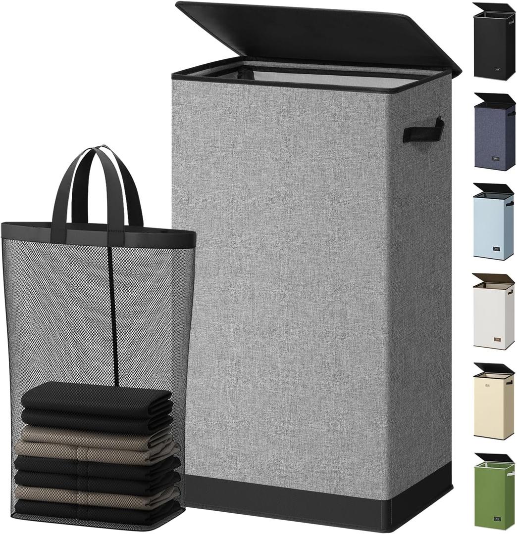 SOLEDI Laundry Hamper with Lid 100L Large & Tall Collapsible Laundry Basket, Clothes Hamper with Bag Removable Easy to Carry, Dirty Hampers for Bedroom, Bathroom, Dorm, College, Grey