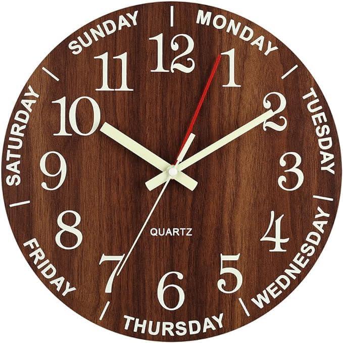 Wall Clock 10 Inch Brown Weekly Wall Clock Silent Battery Operated Luminous Hands Retirement Elderly Wooden Glow in The Dark Clock (Borwn01)