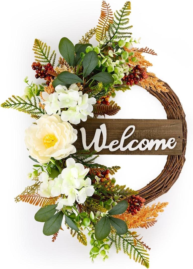 24 Inch Fall Wheat Floral Wreath with Welcome Sign for Front Door Artificial Boho Autumn Wreath with White Flowers Berries for Door Outdoor Indoor Wall Window Farmhouse Garden Porch Decor