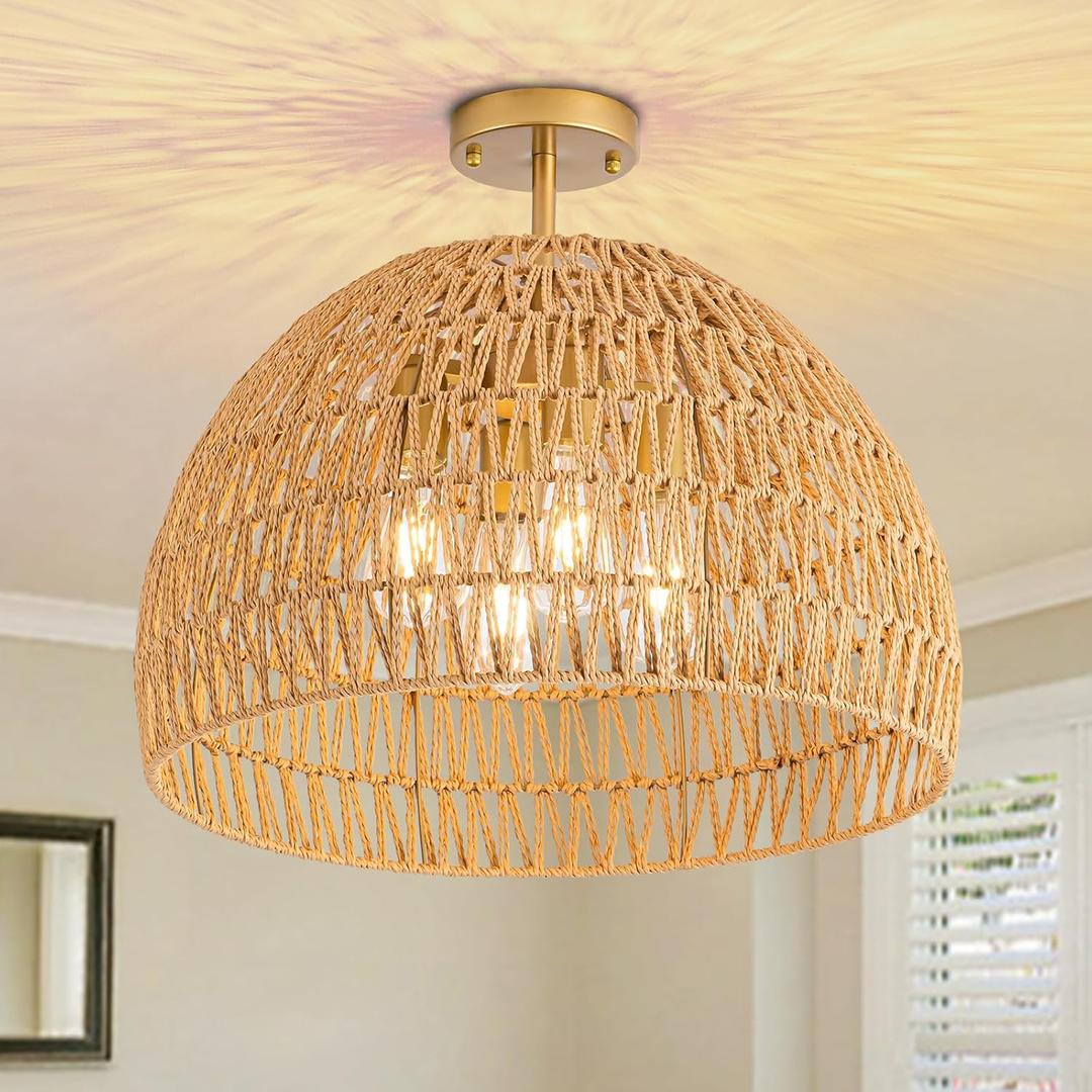 4-Light Rattan Ceiling Light, 20" Semi Flush Mount Boho Light Fixture with Hand-Woven Ratan Shade, Farmhouse Rattan Chandelier Wicker Light Fixture for Kitchen Bedroom Living Room Hallway