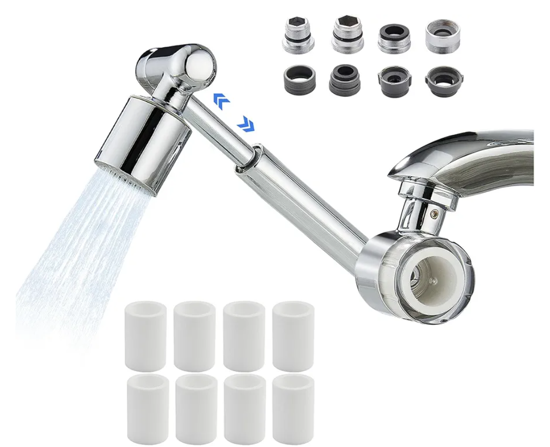 YYKBZ 1440° Rotating Sink Water Filter Faucet Extender Aerator, 2 Mode Swivel For Bathroom/Kitchen Skin Face Eye Wash,Brass Long Arm Extension For Toddlers,Multiple Adapters With 9pcs Filters