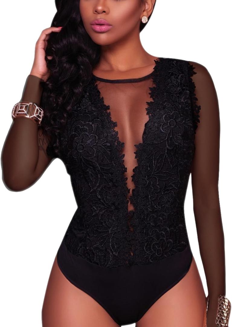 RARITYUS Women Sexy Lace Bodysuit Jumpsuit See Through Mesh Sleeveless/Long Sleeve Tops Swimsuit for Party Outfit (Large)