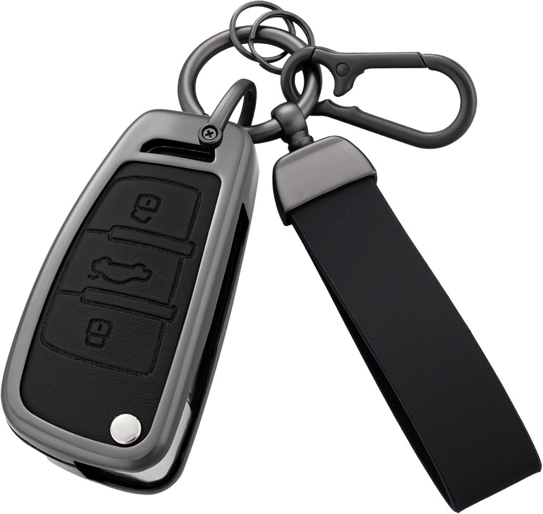 Key Fob Cover with Heavy-duty Keychain for Audi A1 A3 A4 A5 A6 Q3 Q5 Q7 TT S3 R8 (Black)