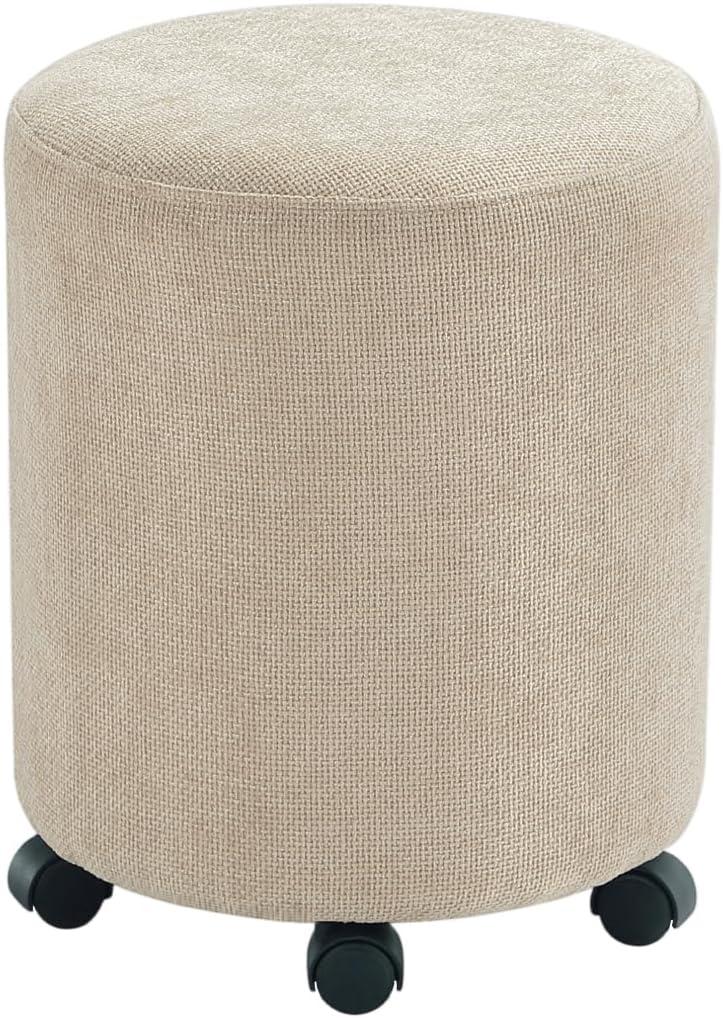 Get Set Style Ottoman with Wheels, Rolling Vanity Stool for Makeup, Upholstered Vanity Rolling Chair Footrest Round Ottoman Foot Stool for Living Room, Bedroom Creamy