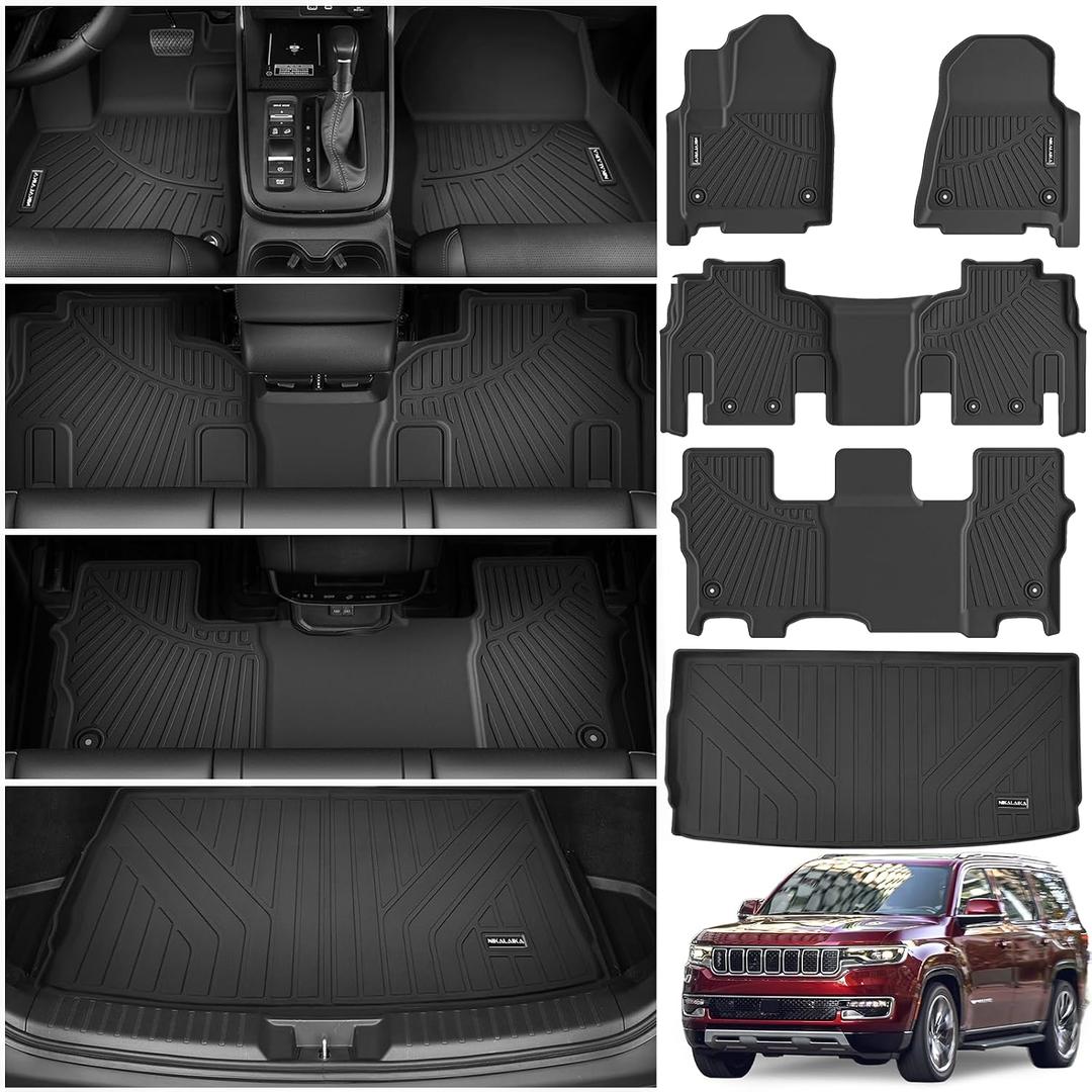 Floor Mats & Cargo Liner for 2022-2025 Jeep Wagoneer 8 Passenger Model with 2nd Row Bench Seat All Weather Protection TPE Rubber Full Set Automotive Mat Accessories, Black (Non L)