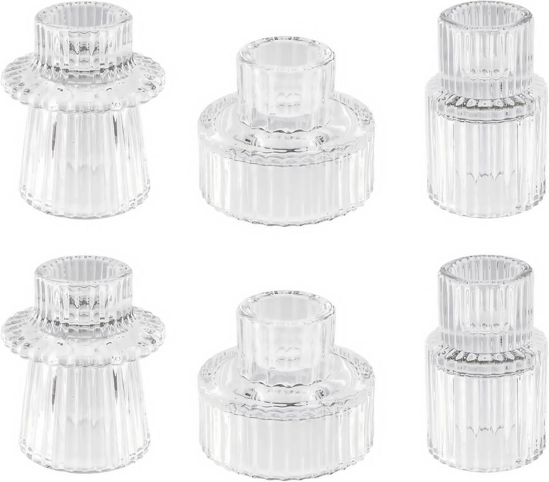 Double Sided Vintage Ribbed Taper Glass Candle Holders,Tea Candle Holder for Table Centerpieces, Wedding Decorations and Dinner Parties (Clear, 6 PCS)