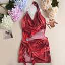 Women Sexy Sheer Halterneck Mini Dress Hollow Out Colourful Mesh Floral Dress for Beach Party Night (Red, S)
