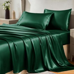 CozyLux Satin Sheets King Size Sheet Set - 4 Piece Silky King Sheets, Luxury Dark Green King Bed Set with Smooth and Soft Microfiber, Includes 1 Fitted Sheet, 1 Flat Sheet and 2 Pillowcases