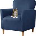 Stretch Chair Covers with Arms 1-Piece Banquet Armchair Slipcover Velvet Mid Century Modern Armchair Slipcover Anti-Slip Furniture Protector for Living Room Friendly for Kids Pets (Navy)