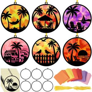 AmazingSpark 30 Pcs Tropical Palm Tree Craft Set Summer Beach Hawaiian Coconut Tree Suncatchers DIY Stained Glass Effect Tissue Paper Kits Gift Bulk for Luau Activities Art Party Decor